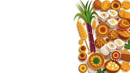 Colorful array of traditional sweets and food items celebrating Makara Sankranti with copy space for festive messages