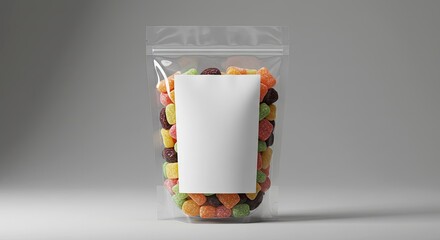 Obraz premium Transparent Pouch Bag Filled With Colorful Gummy Candies Mockup