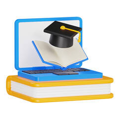 Online Education Concept with Laptop Graduation Cap and Stack of Books 3D Render