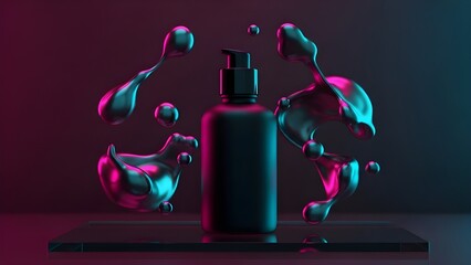 The bottle is surrounded by glossy, metallic liquid splashes in vibrant teal and magenta. The scene features high-contrast neon lighting and a dark, moody background, creating a futuristic and premium