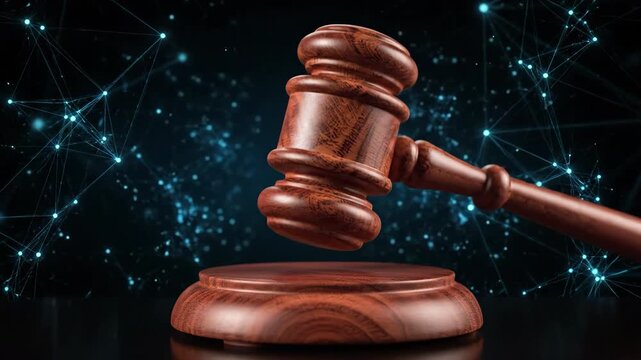 Wooden gavel on sounding block. Dark room with blue light network pattern background. Represents the legal system.