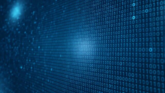 Abstract digital binary code background with glowing light effect.