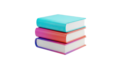 Stack of three colorful closed books on white background