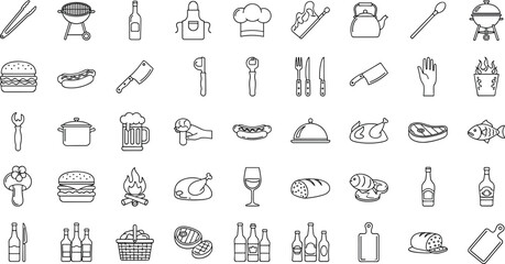 Cooking icons, grilling tools, kitchen utensils, food symbols, culinary line art, barbecue elements, chef hat, picnic basket, wine, beer