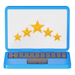 Laptop Screen Displaying Five Gold Stars for Online Rating and Feedback 3D Illustration