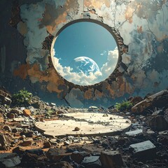 Circular opening reveals planet view from rubble-strewn, cracked concrete space. Sky with clouds & distant planet