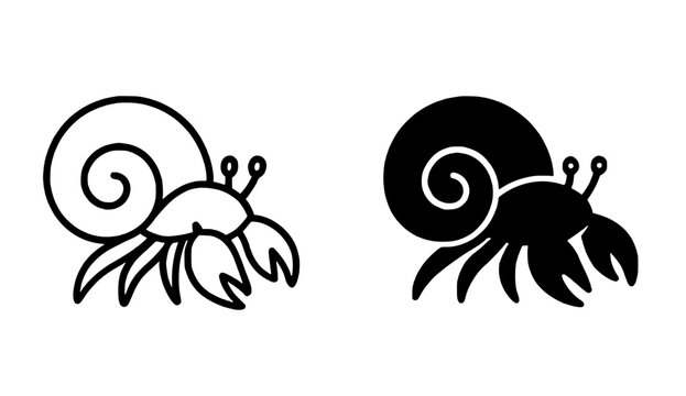 Hermit crab illustration icon, outline and silhouette style