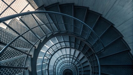 Obraz premium Industrial metal spiral staircase inside stairwell, strong geometric curves, textured steel steps