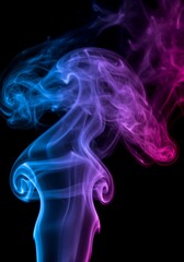 Swirling plume of illuminated blue and purple steam on a black background. Abstract texture overlay for dramatic visual effects, pattern, mysterious, high