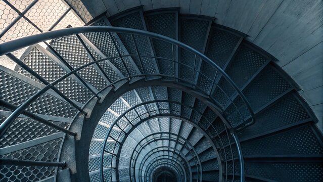Industrial metal spiral staircase inside stairwell, strong geometric curves, textured steel steps - Powered by Adobe
