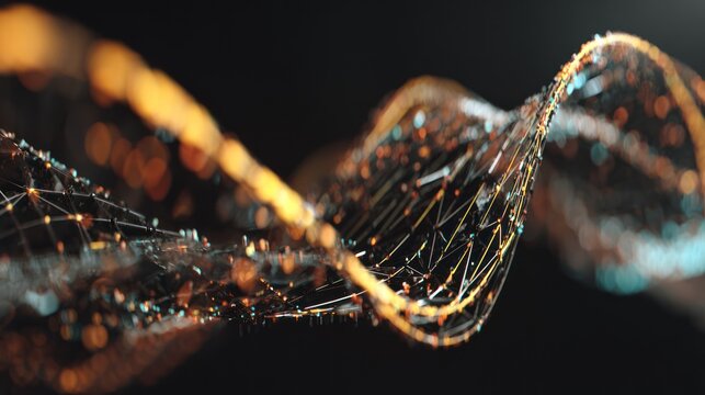 Abstract Metallic Dna Double Helix Structure with Glowing Lights in Dark Background - Powered by Adobe
