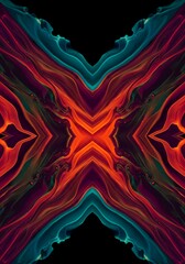 Vibrant symmetrical abstract pattern created by mirroring liquid paint. Dynamic flowing shape with intense color contrast and sharp lines, illusion, paint, decoration