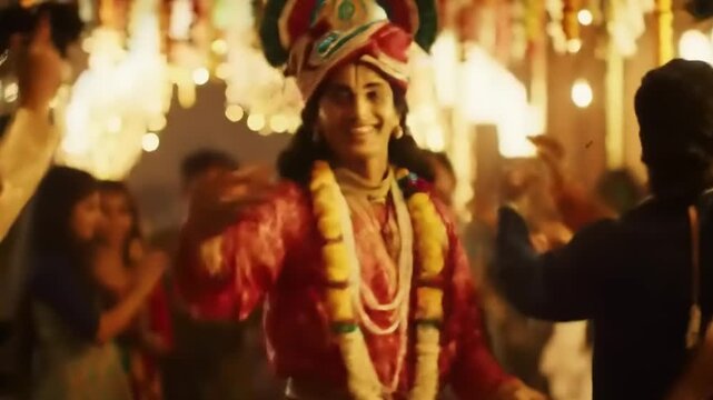 Festive Indian men dancing at celebration.