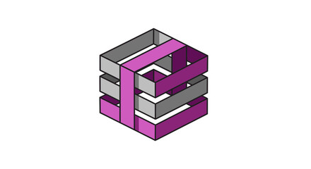 Abstract Isometric Cube Constructed Of Intersecting Ribbons In Purple And Gray Shades