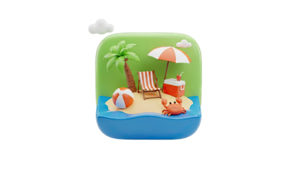 3D Cartoon Beach Scene with Palm Tree, Crab, and Beach Chair