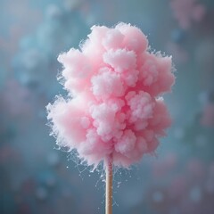 Dreamy Pink Cotton Candy Cloud on a Stick Isolated on Pastel Blue Background for Sweet Celebration