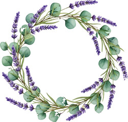 Fototapeta premium Beautiful watercolor illustration of lavender and eucalyptus wreath on white background