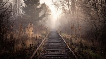 A misty morning reveals a pathway of aged railway tracks winding through a quiet, overgrown forest.