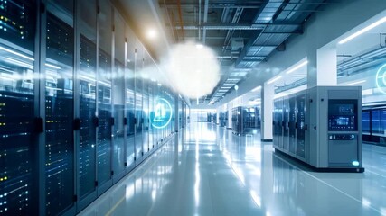 Data center server room with digital security protection icons. - Powered by Adobe