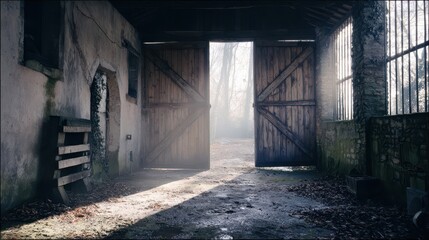 An interior view of a weathered barn, showcasing a large, open wooden door letting in soft sunlight, creating a serene and atmospheric scene.