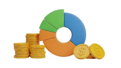 Pie Chart and Stacks of Coins Representing Financial Growth