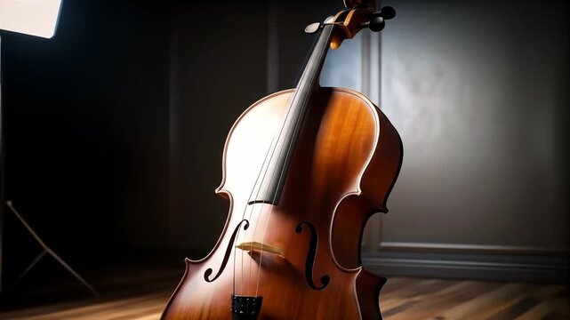 Elegant cello stands gracefully on a wooden floor, bathed in soft, focused light.