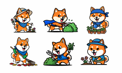 Cartoon Shiba Inu Dog Gardening Activities.