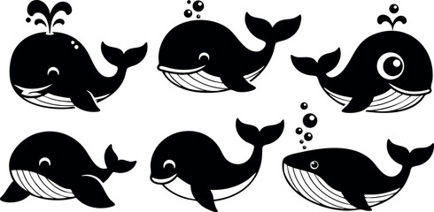 Cute cartoon whales collection in black and white vector illustration set 
