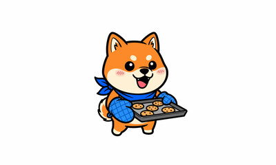 Illustration of a cheerful Shiba Inu dog carrying cookies