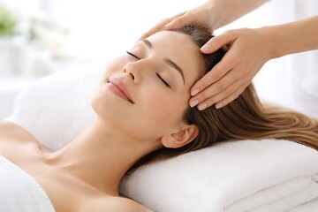 Obraz premium Relaxed Woman Receiving Professional Head Massage in Luxury Spa – Scalp Therapy and Wellness Treatment