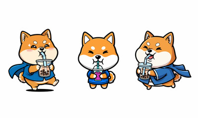 Three cartoon Shiba Inu dogs wearing capes and drinking boba from cups