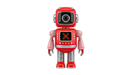 Red robot with a red X on its chest screen and camera eye