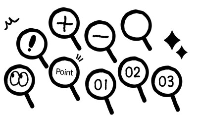 手描きの黒い太線の01から03までの数字入り虫眼鏡と装飾アイコンセット