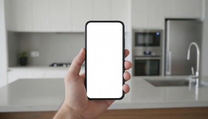 Smartphone held in hand with blank screen in modern kitchen