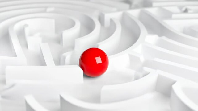 A red ball navigates a complex, all-white maze, symbolizing problem-solving and strategic thinking.