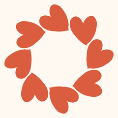 Simple circular frame made of bold red heart shapes arranged in a clean, modern ring. Minimal and playful design perfect for Valentines Day, love themed graphics, cards, stickers, and invitations