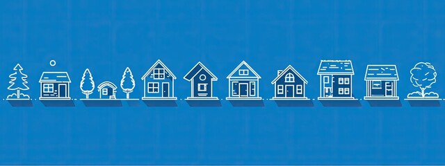 a collection of house symbols in various sizes and designs, displayed against a plain blue background