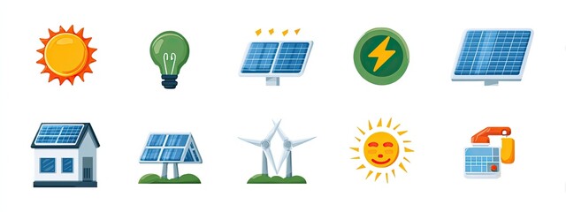 a collection of illustrations related to renewable energy and environmental sustainability. at the top, there's a sun icon with rays extending outward, indicating solar power