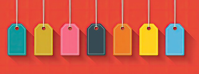 an array of colorful tags hanging on a line