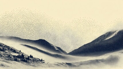an artistic representation of a mountainous landscape, viewed from a distance that places the observer below the horizon line
