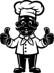 Fototapeta premium Chef character giving thumbs up in monochrome black and white vector illustration 
