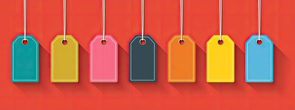 an array of colorful tags hanging on a line