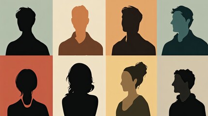a collection of nine silhouetted human figures against a gradient background, each depicting a different pose and facing a distinct direction