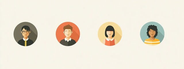 four illustrated profiles against a uniform background, each labeled with a name tag and accompanied by an icon representing the individual's profession, set within a gray border