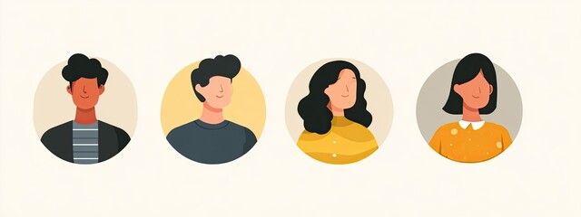 a collection of four portraits in a row, each featuring a different individual with unique facial expressions and attire