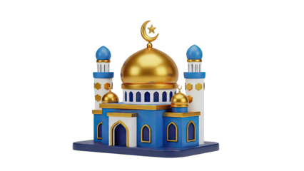 Stylized 3D Mosque Illustration with Gold Dome and Blue Minarets