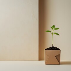 Minimalist Eco-Friendly Packaging with Sprouting Plant in Cardboard Box isolated