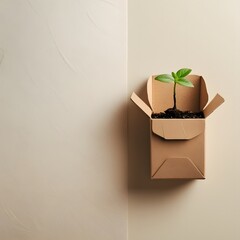 Minimalist Eco-Friendly Packaging with Sprouting Plant in Cardboard Box isolated