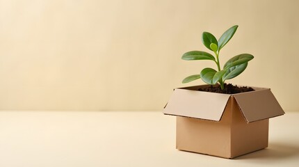 Minimalist Eco-Friendly Packaging with Sprouting Plant in Cardboard Box isolated