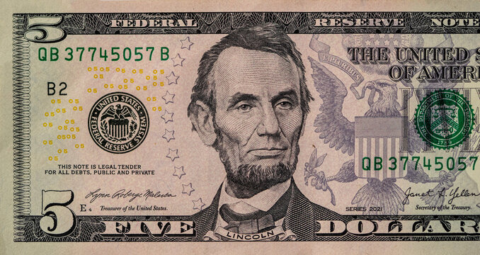 United states five dollar bill. Portrait of  U.S. president Abraham Lincoln